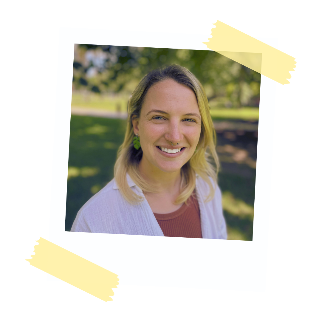 A photo of a smiling woman (Katie) in a digital polaroid frame